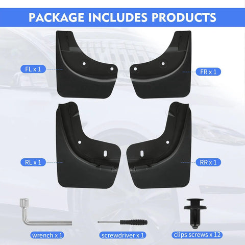 Tesla Model Y Mud Flaps 4Pcs Set No Drill Tire Splash Guards shown with installation tools included in package
