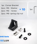 10 Sets Black 4040 Aluminum Extrusion Corner Bracket Kit With 10 Corner Brackets 20 M6 Spring T Nuts And Hex Screws Plus 1 Ball End Hex Wrench For 40 T Slot Extruded Aluminum Accessories Must Have For Builders, showing individual components of the kit including a corner bracket, screws, washers, T-nuts, and a hex wrench on a white background with product specifications in the background.