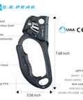 UIAA and CE Certified Hand Ascender for 8 to 13mm Rope Left Hand Black Pro Grade Climbing Gear with Rugged Stainless Steel Cam and Nickel Plated Teeth for a Grippy Rope Bite Built for Climbing and Rappelling, shown with dimensions and features.