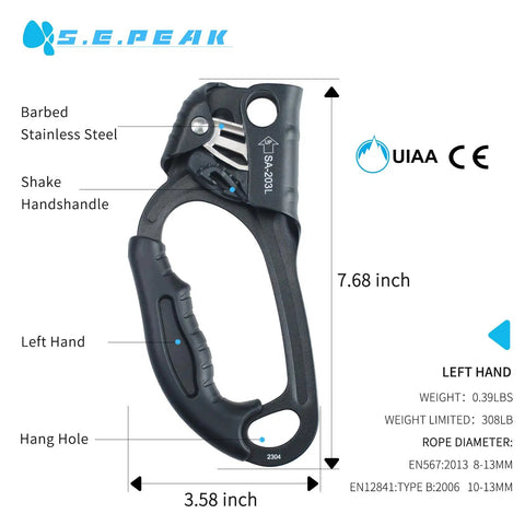 UIAA and CE Certified Hand Ascender for 8 to 13mm Rope Left Hand Black Pro Grade Climbing Gear with Rugged Stainless Steel Cam and Nickel Plated Teeth for a Grippy Rope Bite Built for Climbing and Rappelling, shown with dimensions and features.