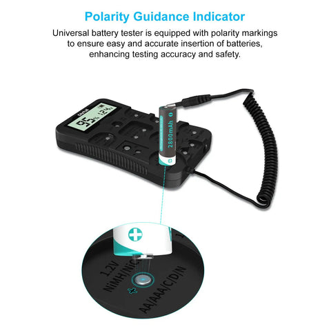 Battery Health Tester For AA AAA C D 9V And More Universal Battery Checker For 12 Types Of Batteries Household Batteries Status Readout Easy To Use Includes Welcome Guide And Lifetime Customer Support. Polarity guide close-up with AA battery inserted