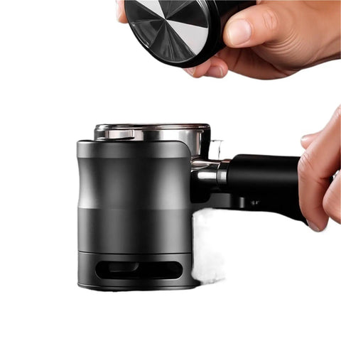 Boss Level 58Mm Espresso Tamping Station With Slick Anti Slip Base And Quick Adjustable Frame For Hassle Free Coffee Tamping Plus Nifty Grounds Catch Tray in use during coffee preparation.