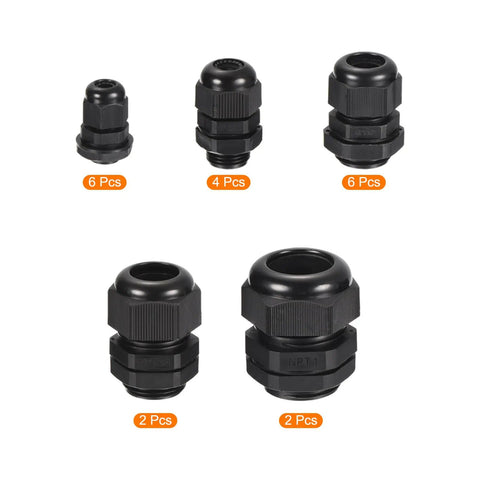 All Weather 20 Piece Pro Grade Cable Gland Kit with black nylon conduit fittings in multiple sizes
