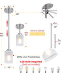 Two Pack Brushed Nickel Pendant Lights With White Linen Glass Shades For Kitchen Island Dining Room Bar And Bedroom Modern Mini Hanging Fixtures That Elevate Task Lighting And Create Cozy Vibes In Any Space, shown with adjustable rod lengths and dimensions.