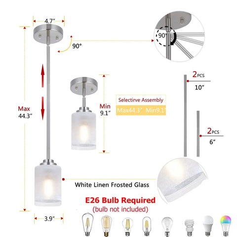 Two Pack Brushed Nickel Pendant Lights With White Linen Glass Shades For Kitchen Island Dining Room Bar And Bedroom Modern Mini Hanging Fixtures That Elevate Task Lighting And Create Cozy Vibes In Any Space, shown with adjustable rod lengths and dimensions.
