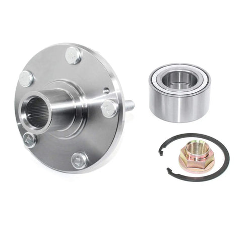 Front Wheel Hub Repair Kit With Bearing And All Hardware Including Hub Bearing Studs Snap Ring And Axle Nut For Quick Plug And Play Wheel Hub Assembly Restore, showing metal components