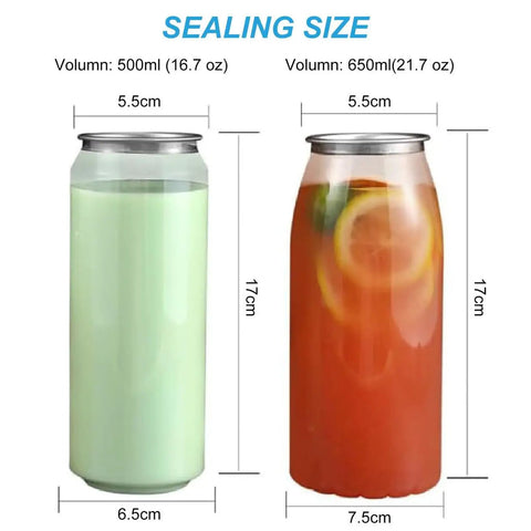 Two beverages in sealed cans: 500ml light green drink and 650ml red drink with lemon. Top Notch Electric Can Sealer Machine With Smart LCD Display And Adjustable Height For Perfectly Sealing Beverages Like Juice, Bubble Tea, And Beer Using Durable Stainless Steel Build In Sleek White And Black Finish.