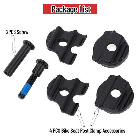 Durable 7x9mm Seat Post Clamp For Road And Mountain Bikes With Quick Install Screws showing 4 clamp pieces and 2 screws