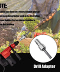 Garden Auger Drill Adapter Kit used with cordless drill, shown drilling soil in garden, round shank chuck adapter visible.