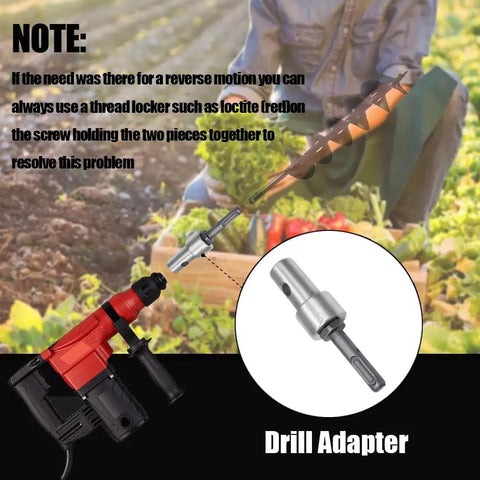 Garden Auger Drill Adapter Kit used with cordless drill, shown drilling soil in garden, round shank chuck adapter visible.