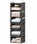 Heavy Duty Six Shelf Hanging Closet Organizer With Roomy Side Pockets And Foldable Design displaying neatly stacked clothes, hats, and a shoes box