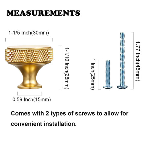 Gold Cabinet Knobs 25 Pack for Dresser and Furniture, Knurled Diamond Surface Metal, knob and screws measurements