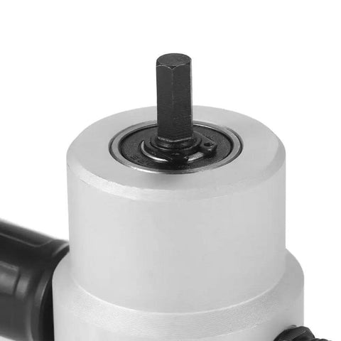 Close-up of Double Head Nibbler for metal cutting, showing adjustable drill attachment for straight and curved cuts.