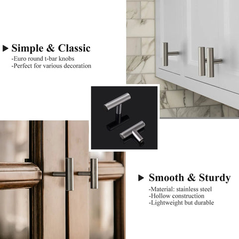 Brushed Nickel 5 Pack Single Hole Cabinet Knobs And Stainless Steel T Bar Handles Set on kitchen and dresser drawers