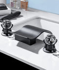 Widespread Matte Black Bathroom Sink Faucet With Crystal Knobs, Two Handles, Wide Waterfall Spout, 8 Inch Deck Mount Vanity Faucet
