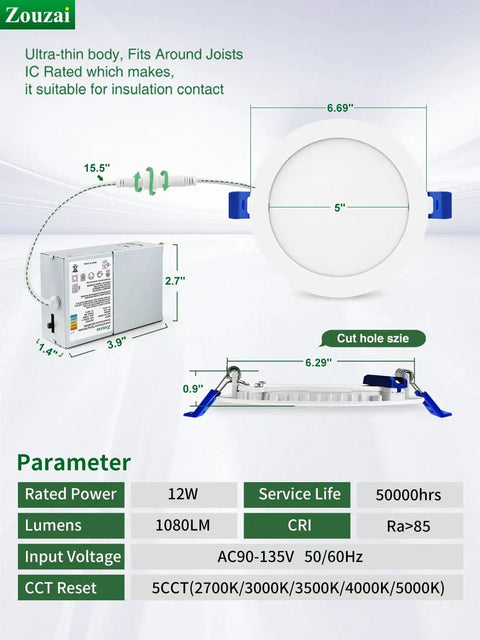 Diagram of 12 Pack 6 Inch Ultra Thin LED Recessed Ceiling Lights With Junction Box 5CCT Selectable 2700K To 5000K Dimmable 12W Equivalent To 110W ETL And Energy Star Certified Can Lights showing dimensions and features.