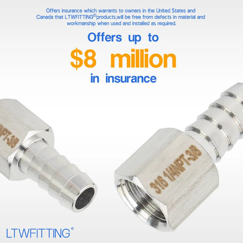 Premium 316 Stainless Steel Barb Coupler 3/8 In Hose Id With 1/4 In Female Npt Thread Fitting shown from two angles.