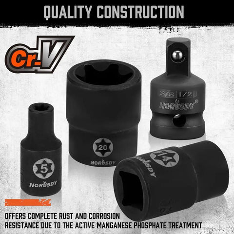 Pro Grade Torx Bit Socket Set With 14 Star Bits T8 To T70 And 12 ETorx Sockets E4 To E24 Plus 4 Heavy Duty Impact Adapters shown