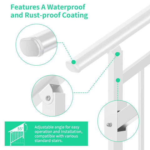 Image showing features of Built Tough Three Step White Metal Handrail, highlighting waterproof coating and adjustable angle.