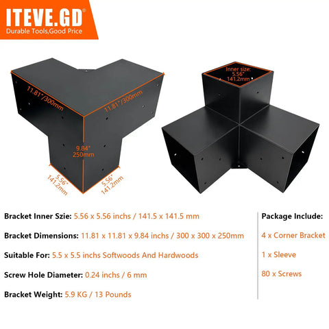 3 Way Pergola Brackets Kit For 5.5x5.5 To 6 Inch Lumber Outdoor Use Heavy Duty Galvanized Steel Corner Brackets With Matte Black