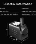 550 GPH Submersible Fountain Pump With 7.2 Ft Lift, 30W, black 2000 L per hour pump with dimensions and specifications shown