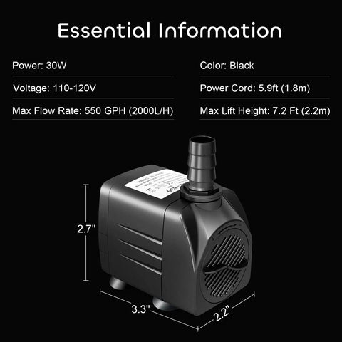 550 GPH Submersible Fountain Pump With 7.2 Ft Lift, 30W, black 2000 L per hour pump with dimensions and specifications shown