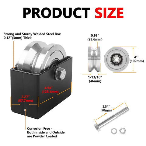 4 Inch V Groove Slide Gate Wheel With Dual Sealed Bearings Supports Up To 3000 Lbs Weld On Bracket Box For Sliding Rolling V Inverted Track Gates For Heavy Duty Commercial And Residential Use, shown with dimensions