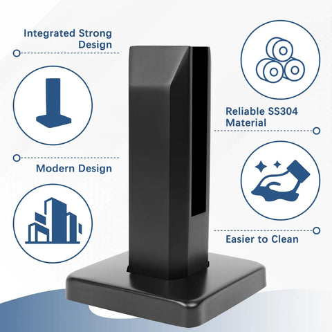 Black T304 stainless steel glass spigot with features for modern design and durability, part of 10 Pack Two Point One Pound T304 Stainless Steel Square Glass Railing Spigots Beefy Heavy Duty Frameless Clamp Brackets For Pool Fence Deck Balusters Balcony Patio Stairs Indoor Outdoor Black Level 2