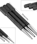 Sick 3 Piece Center Punch Kit Forged From High Carbon Steel With A Hella Secure Non Slip Grip showing 1.5mm, 2mm, 3mm tips at 10.1cm length.