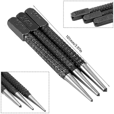 Sick 3 Piece Center Punch Kit Forged From High Carbon Steel With A Hella Secure Non Slip Grip showing 1.5mm, 2mm, 3mm tips at 10.1cm length.