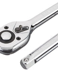 Close-up of ratchet handle from Half Inch Drive Socket Set With Holder 20 Piece Pro Grade Heavy Duty Chrome Finish Heat Treated Carbon Steel