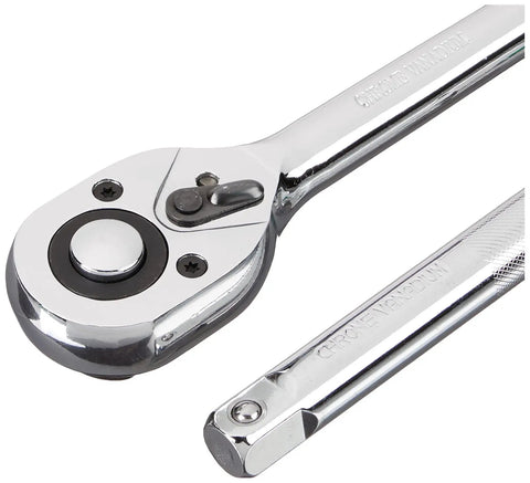 Close-up of ratchet handle from Half Inch Drive Socket Set With Holder 20 Piece Pro Grade Heavy Duty Chrome Finish Heat Treated Carbon Steel