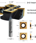 Slab Surfacing Router Bit With One Quarter Inch Shank And One And A Half Inch Cutting Diameter Two Plus Two Flutes ATS Coated Carbide Inserts For Smooth Spoilboard Flattening Planing And Rabbeting CNC Ready Woodworking Bit For Beefy Heavy Duty Use, showing 2+2 carbide inserts and size dimensions.