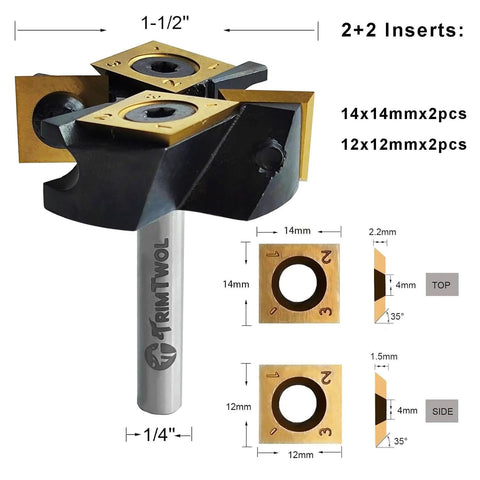 Slab Surfacing Router Bit With One Quarter Inch Shank And One And A Half Inch Cutting Diameter Two Plus Two Flutes ATS Coated Carbide Inserts For Smooth Spoilboard Flattening Planing And Rabbeting CNC Ready Woodworking Bit For Beefy Heavy Duty Use, showing 2+2 carbide inserts and size dimensions.