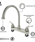 RV Kitchen Sink Faucet With High Arc Spout, Dual Lever Handles, And Side Spray, Deck Mount, Brushed Nickel Finish, 8 Inch On Center