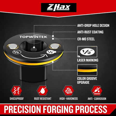 Low Profile Three Eighths Inch Female To One Half Inch Male Impact Socket Adapter For Tight Spaces Converts Impact Driver To Wrench Durable CR MO Steel With Black Phosphated Finish showing anti-drop design and laser marking.