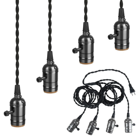 Plug In Pendant Light Kit With 1 To 4 E26 E27 Sockets Industrial Hanging Light With Individual Rotary Switches shown uninstalled