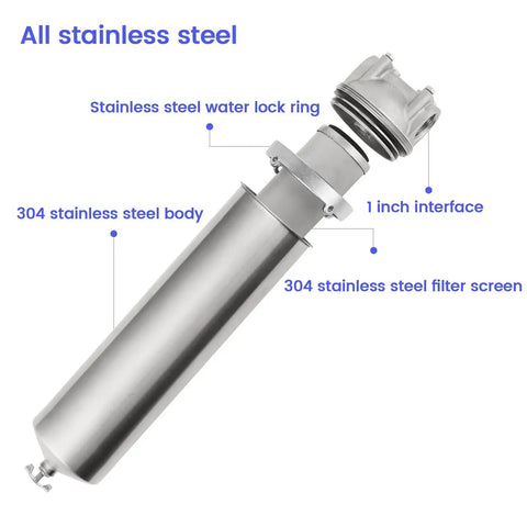 Stainless Steel Whole House Water Filter Housing Built Tough For Heavy Duty Home Plumbing Systems Fits Ten Inch By Two And A Half Inch Sediment Cartridges 1 Inch NPT Ports With Wing Style Drain Valve Great For City Or Well Water