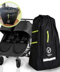 Extra Large Stroller Travel Bag With Padded Backpack Straps For Air Travel on double stroller, waterproof cover shown.