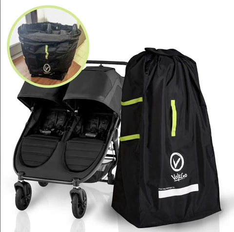 Extra Large Stroller Travel Bag With Padded Backpack Straps For Air Travel on double stroller, waterproof cover shown.