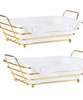 Gold Wire Serving Basket For Fruit And Bread with linen liner, shown in double view, durable countertop tray for kitchen use.