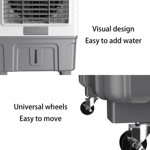 Portable Evaporative Air Cooler With Ice Packs And Water Tank, Three In One Swamp Cooling Unit For Room Or Office, Whisper Quiet Design Keeps You Fresh While You Crush The Summer Heat, showing easy add water feature and universal wheels.