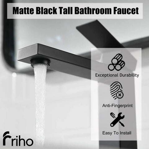 Close-up of Single Handle Matte Black Tall Vessel Sink Faucet For Modern Vanity Basins With water flow, Model FRDC17914B