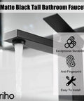 Matte black tall bathroom faucet with water flowing, showing features like durability, anti-fingerprint, and easy installation.