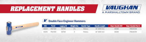 Replacement handles for Built Tough Double Faced Engineer Hammer 3 Lb, Rust Resistant, USA Made SDF48 VN17430 with Sure Lock Eye.