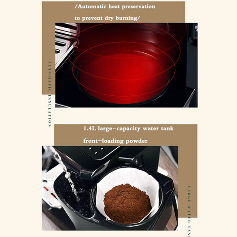 All-In-One Home Coffee Maker And Espresso Machine 2-In-1 Brew System showing top view of water tank and coffee filter with grounds