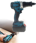 Cordless Electric Rivet Nut Tool Kit For Industrial Jobs Fast Pull Rivnuts With 2 Batteries And Charger Ergonomic Handle Saves Hands No Cables Needed. cordless rivet nut tool with battery pack attached, side view