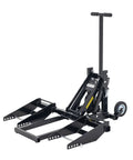 Guardian Zero Turn Lawn Mower Lift jack, black steel with wheeled base, front-left view