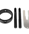 Motorcycle Fork Spring Compressor Tool Kit for Upside-Down Forks, contains aluminum ring, steel spacers, and metal prong tool.