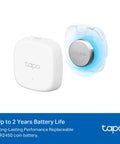 Smart Temp And Humidity Sensor T310 With Real-Time Alerts, Requires Tapo Hub, Swiss-Made High-Accuracy Sensor, Free Data Storage, Long-Lasting Battery Life For Your Home Climate Setup, white sensor with CR2450 battery
